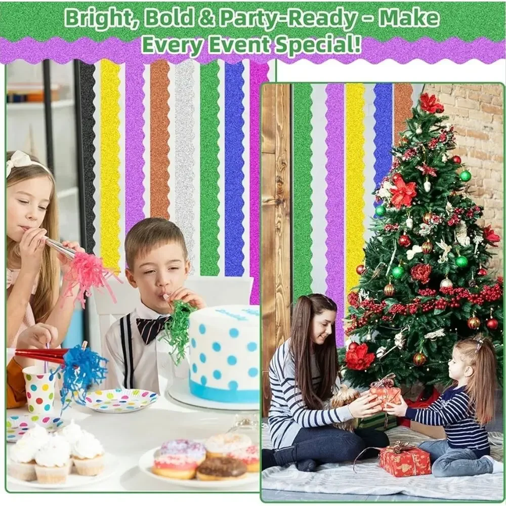 8 Rolls 262.4 Ft Glitter Bulletin Board Borders Colorful Scalloped Trim s13